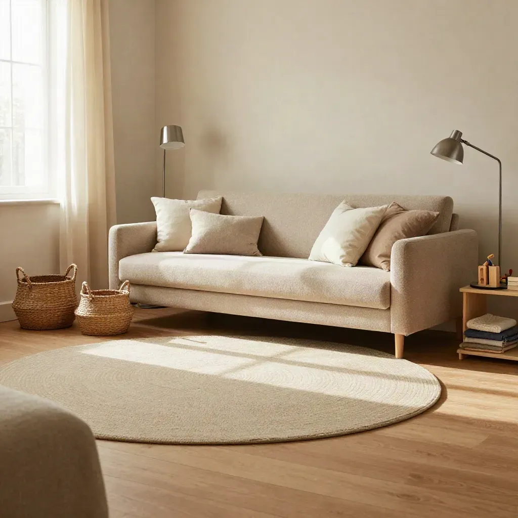 Helles Familienwohnzimmer mit Körben, Teppichzone, Kissen, Lampe und kleinem Spielregal.