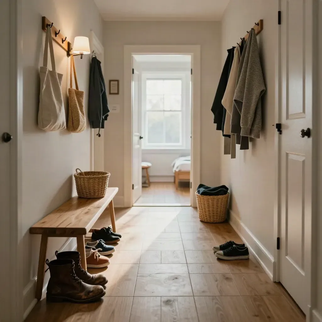 Ordentliche Familien-Garderobe mit Schuhbank, Haken, Korb und Nachtlicht im Morgenlicht.