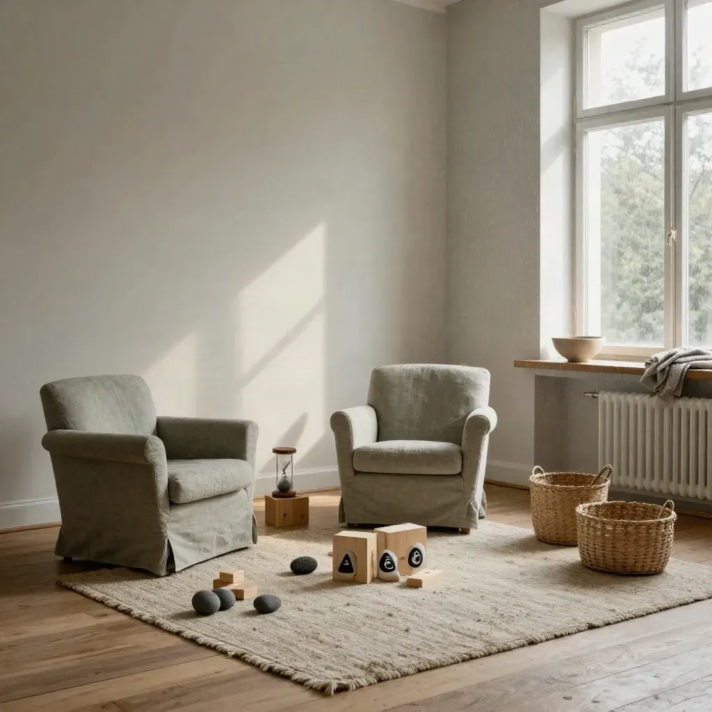Lichtdurchfluteter Beratungsraum mit Sesseln, Wollteppich und Spielmaterialien.