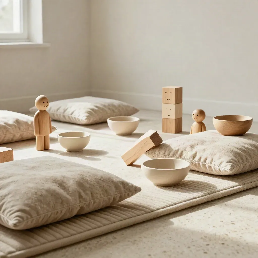 Kinderworkshop-Materialien auf einer weichen Matte mit Holzfiguren und Stapelklötzen.