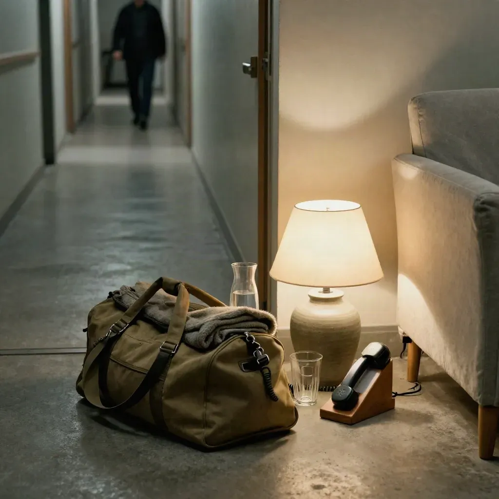 Flur-Ecke mit gepackter Tasche, Decke, Wasserkarafe, Lampe und Schutzstuhl im Krisenlicht.