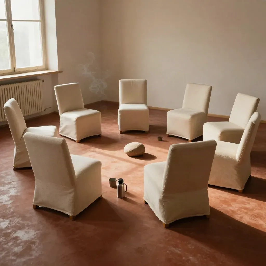 Leerer Gruppenraum mit sechs Stühlen, Thermoskanne, Bechern und Sprechstein im warmen Licht.
