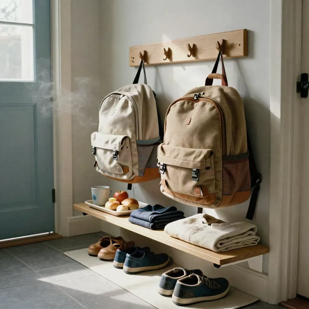 Zwei fertige Schulstationen im Eingangsbereich mit Taschen, Schuhen, Jacken und Frühstückstray.