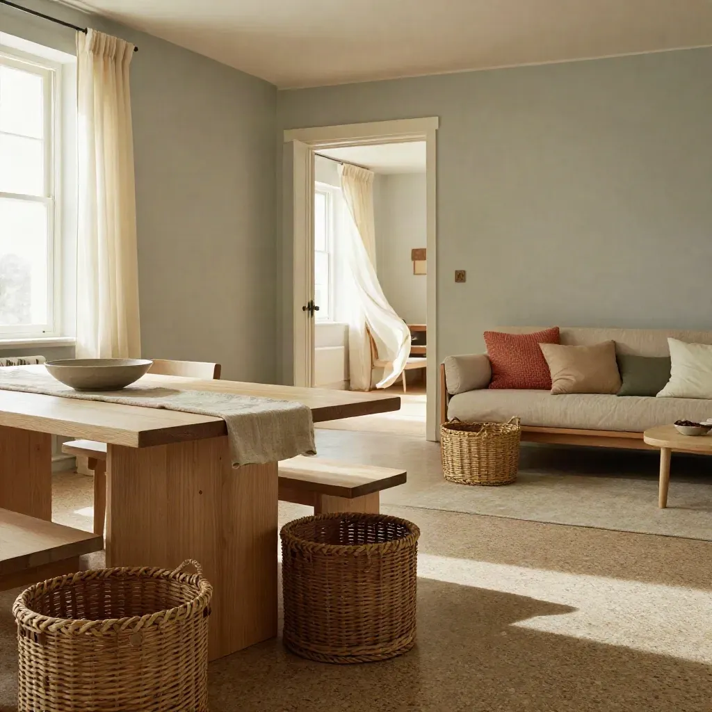 Helles Wohn-Esszimmer mit zwei ruhigen Zonen, Körben, offenem Türrahmen und leichten Stoffen