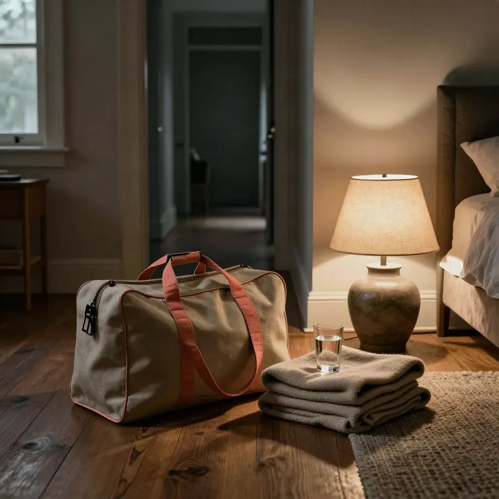 Krisenbereite Nacht am Bett mit gepackter Tasche, Lampe, Wasserglas und offener Tür im Dunkeln