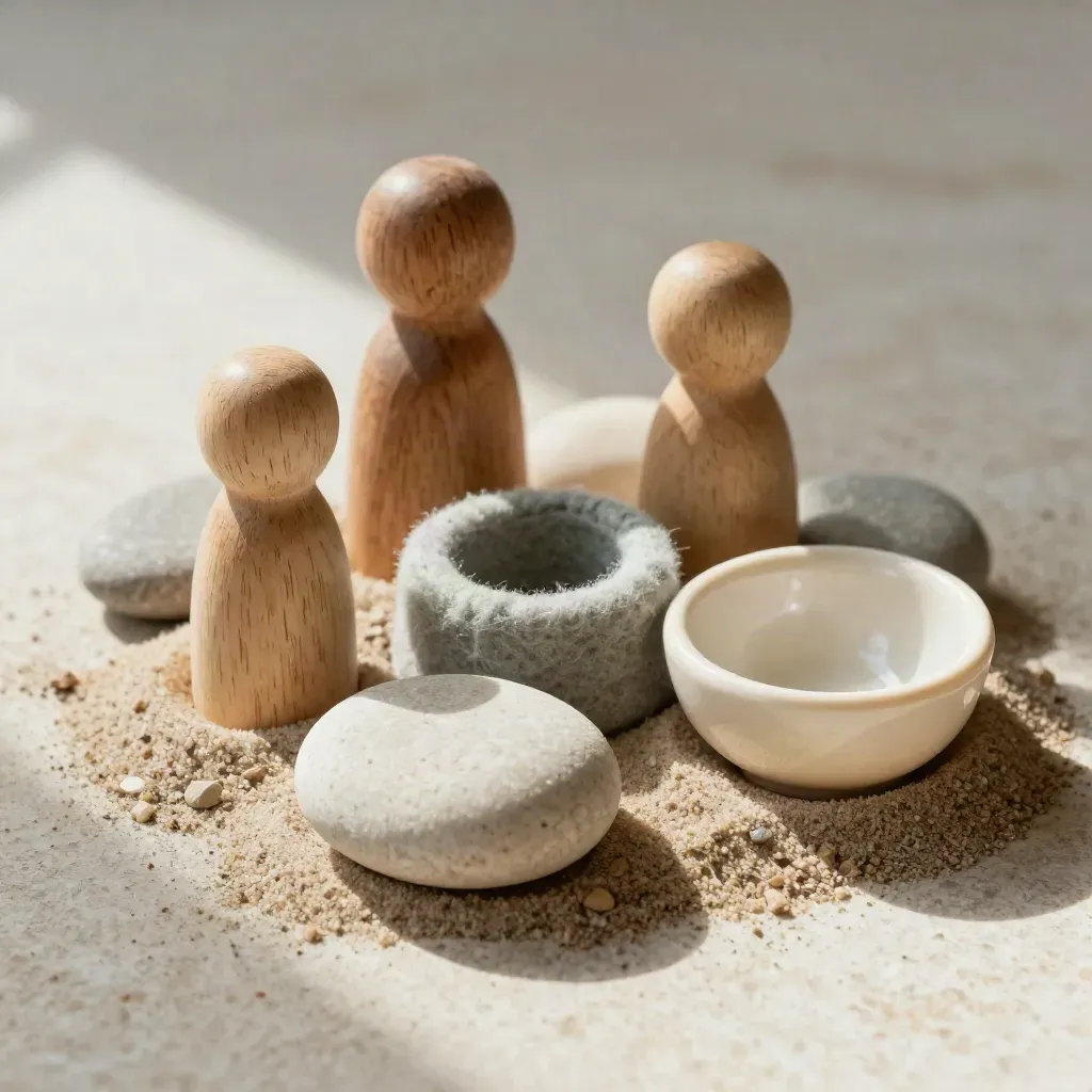 Makro von Holzfiguren, Familiensteinen, Filzring und Keramikschale auf Travertin.