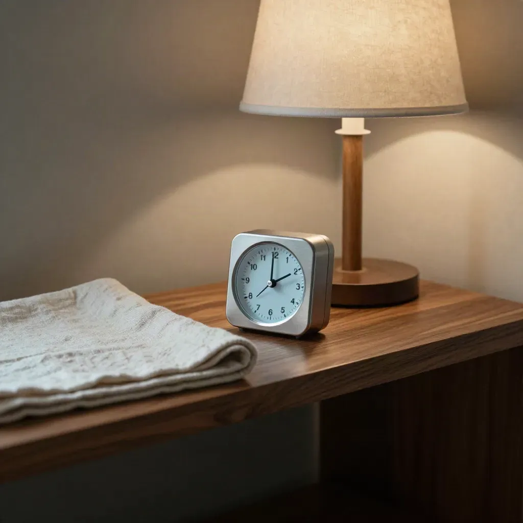 Analogtimer, Nachtlampe und Stoffband auf Holzbord im warmen Morgenlicht