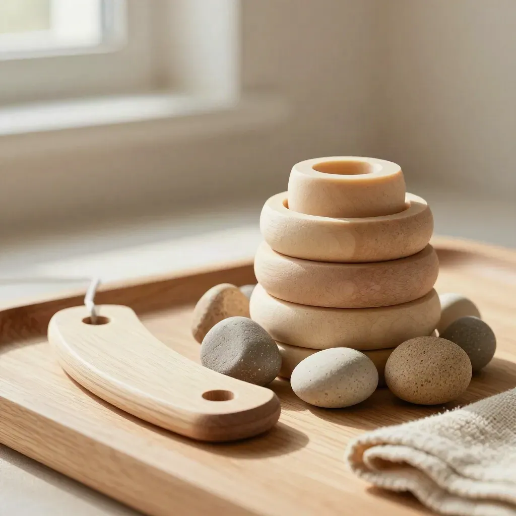 Holzringe, Sensoriksteine und ein gebogenes Fädelbrett auf hellem Holz, nah und taktil.