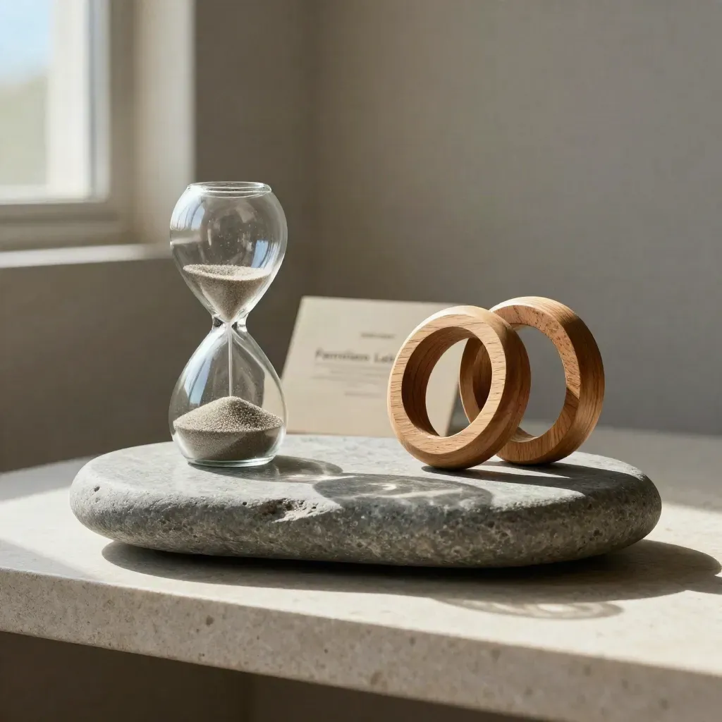 Stein, Sanduhr und Holzringe auf hellem Steinsims im sanften Seitenlicht.