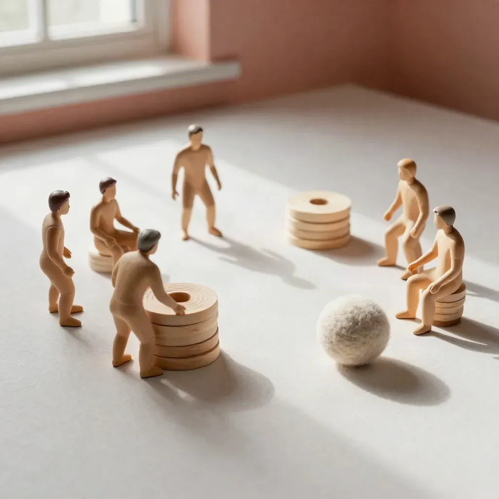 Holzfiguren, Ringe und Ball in einem Übungs-Tableau auf hellem Putz.