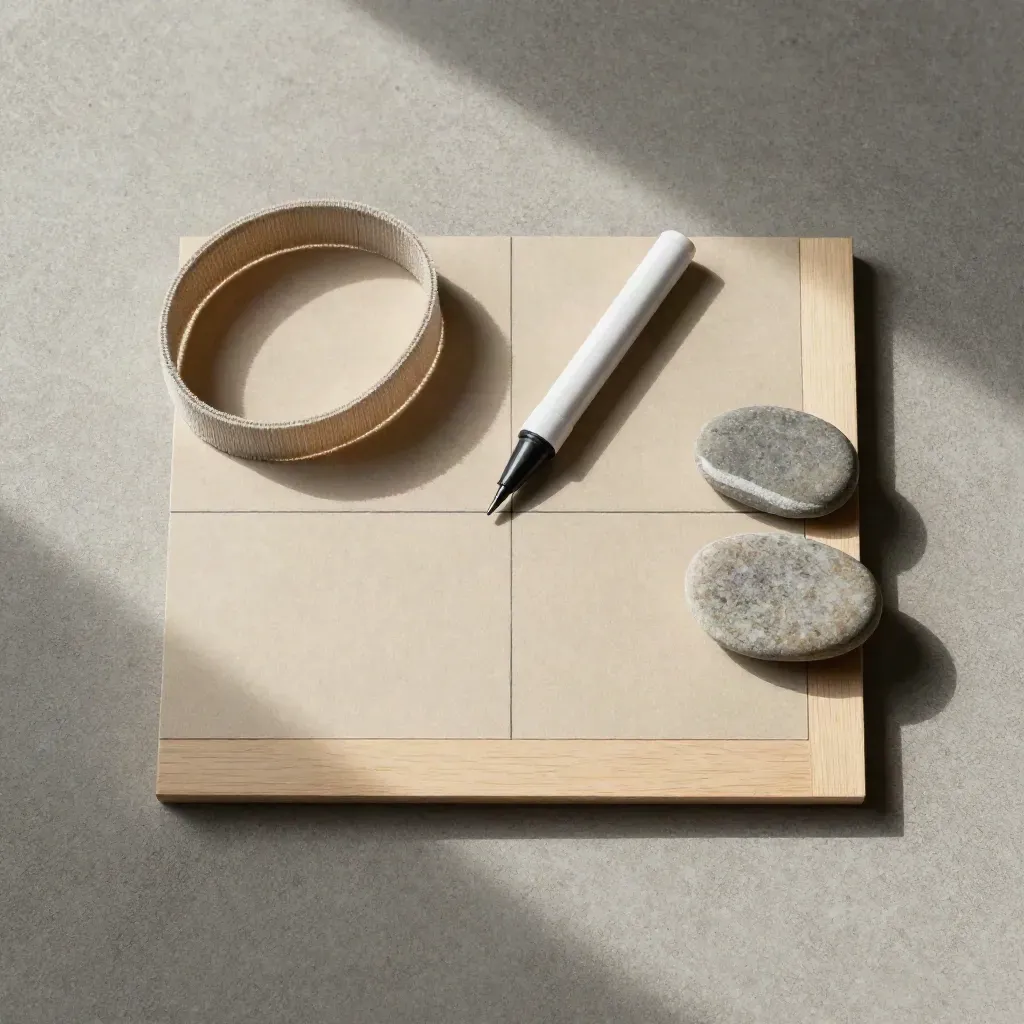 Elastikband, Holzmarker und zwei Schichtsteine auf Sandbeige, von oben fotografiert.