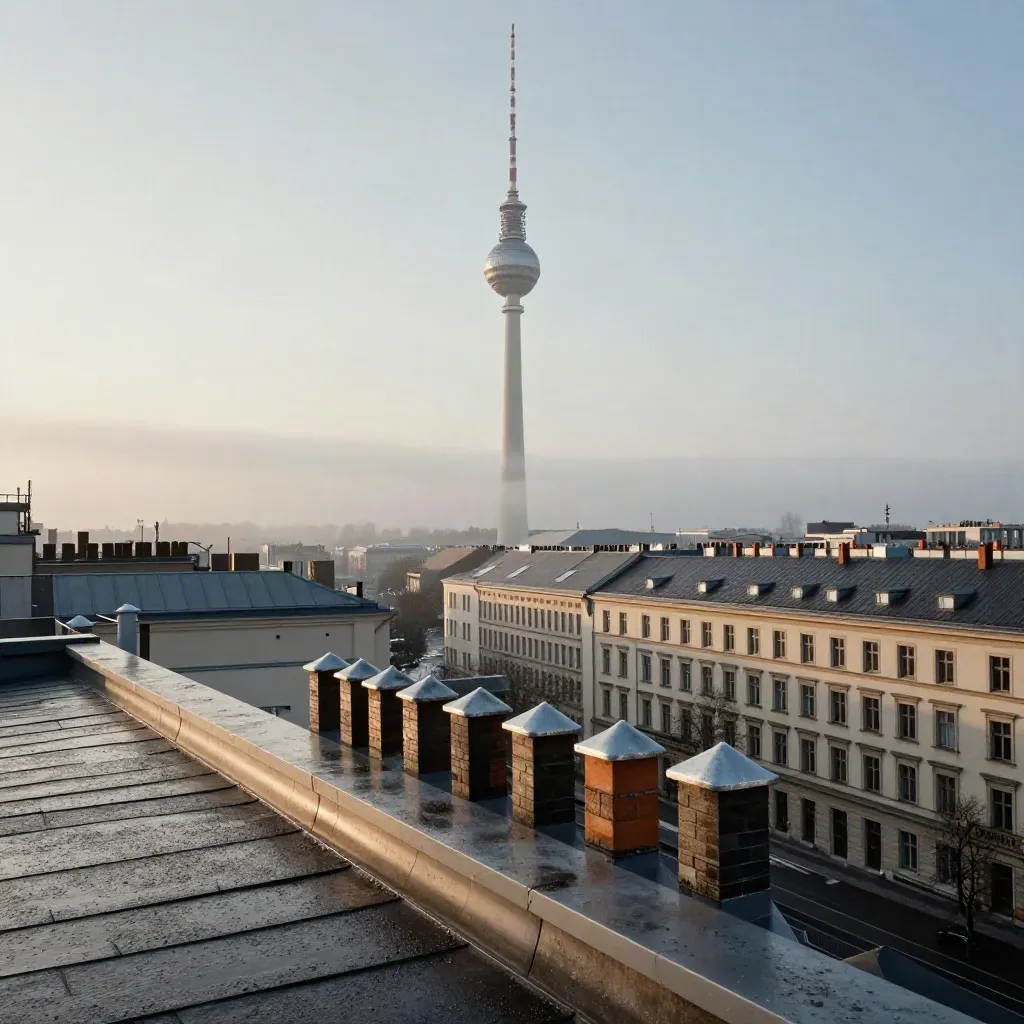 Berliner Dächer mit Fernsehturm im Morgennebel über Altbaufassaden.