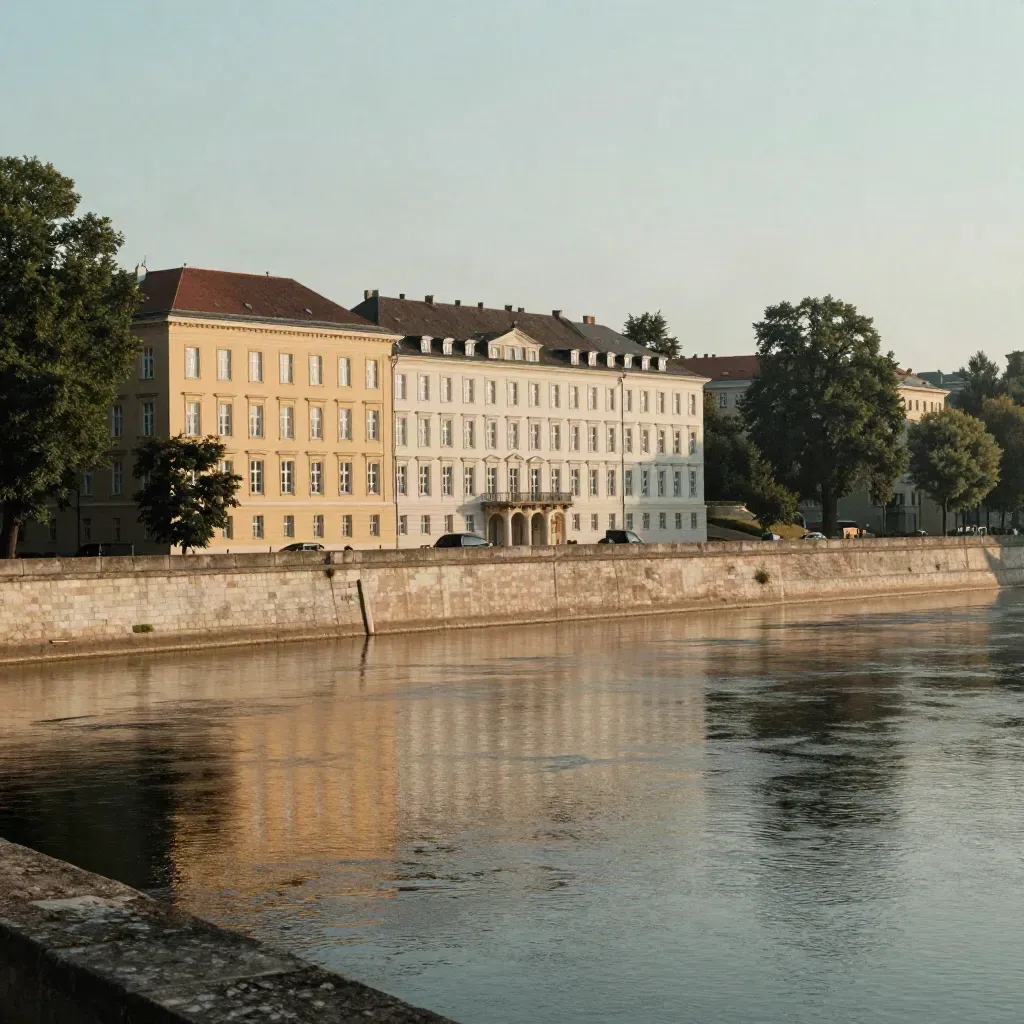 Potsdamer Sandsteinfassaden und Bäume über ruhigem Wasser im warmen Dunst.