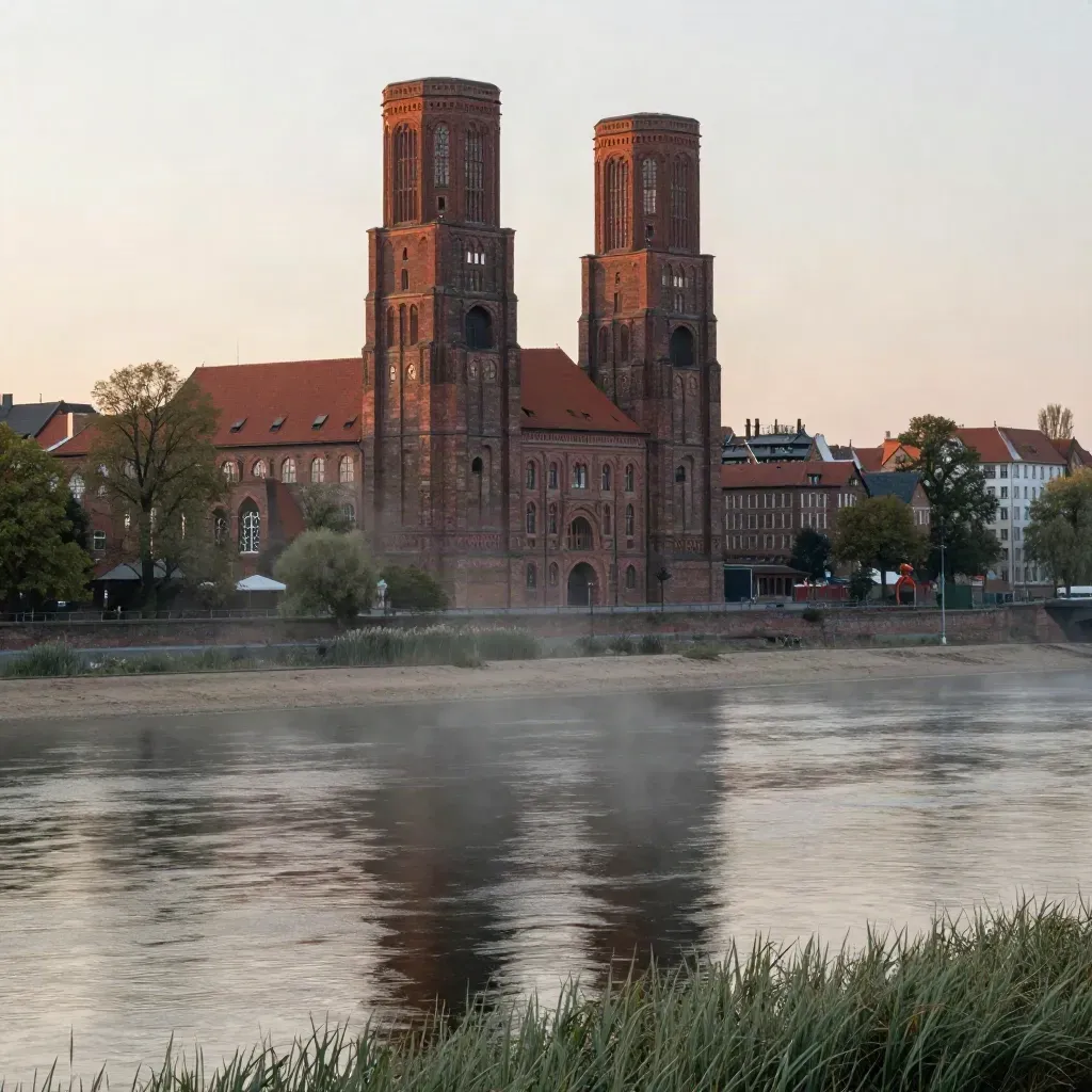 Zwei Backsteintürme über der Havel im Abenddunst, mit ruhigem Wasser und Altstadtdächern.