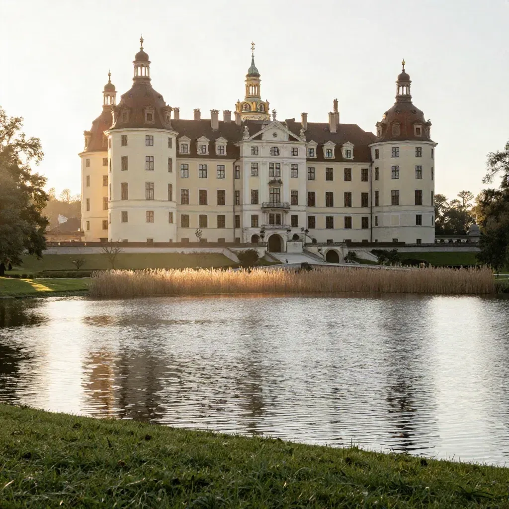 Oranienburger Schloss über ruhigem Parkteich im goldenen Abendlicht